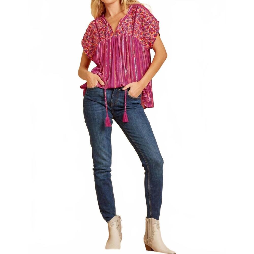 NEW ANDREE BY UNIT striped babydoll embroidered top in magenta